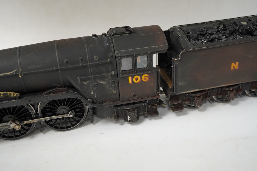 An 0 gauge scratch built model railway locomotive by John Worsley, a London & North Eastern Railway class A3 4-6-2, Flying Fox 106, a highly detailed model in brass, white metal and plasticard, with opening smoke box doo